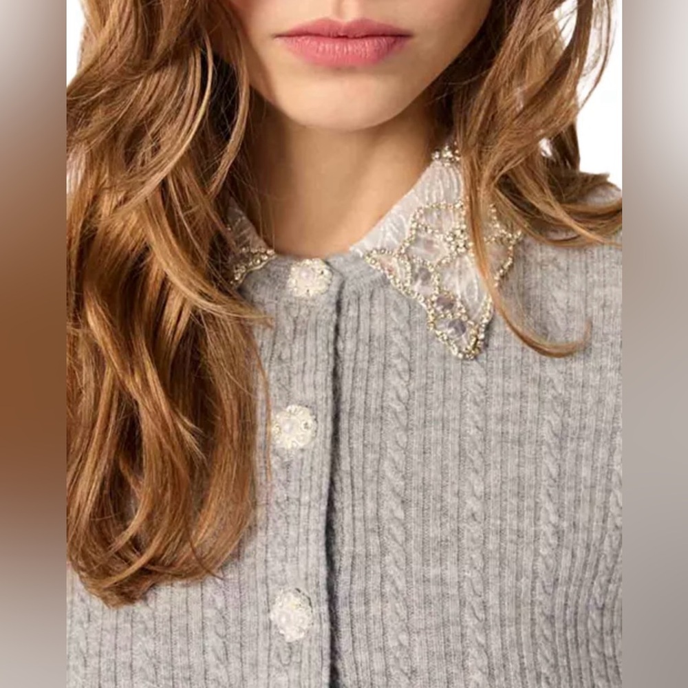 Maje Gray Cardigan with Beaded Collar
